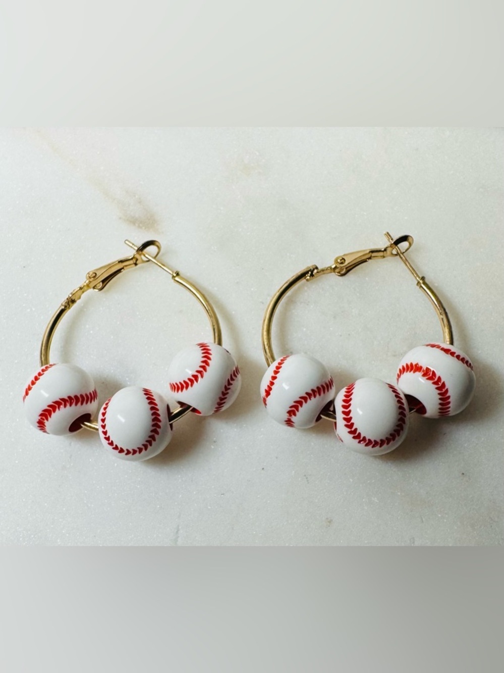 Baseball Bead Hoop Earrings in White and Red